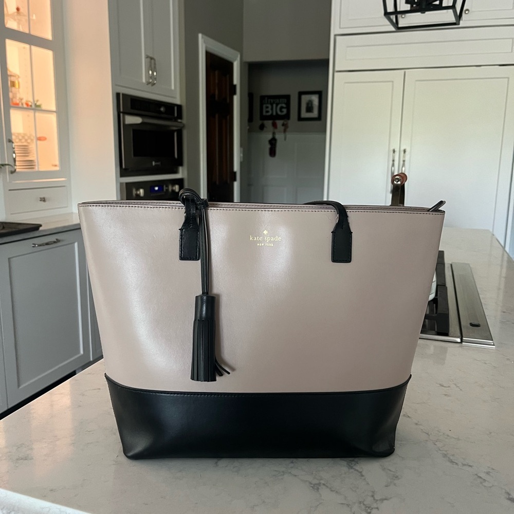 kate spade Two-Tone Taupe and Black Leather Tote with Tassel